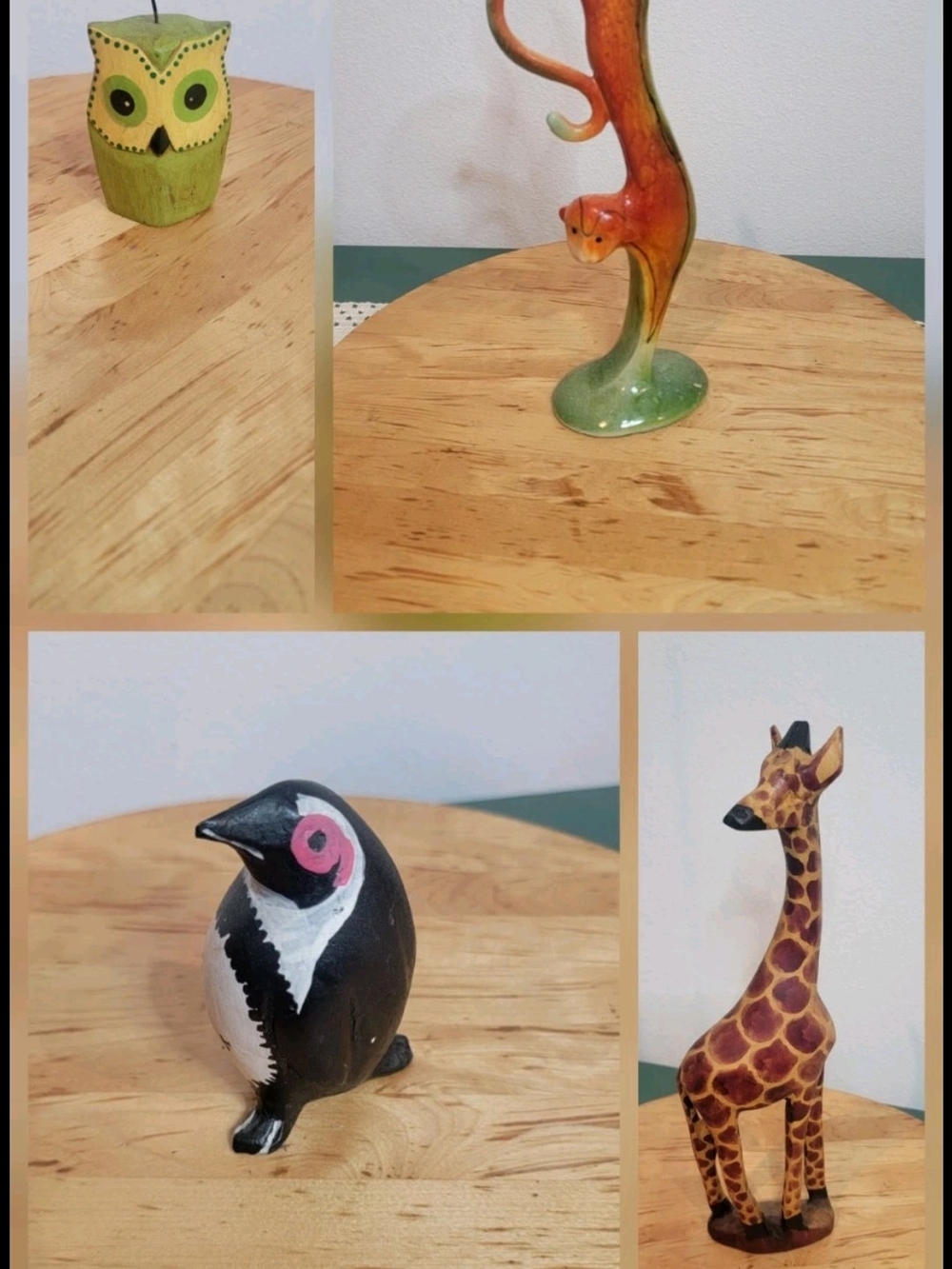 Hand-Painted Bird and Animal Figurine Set - Green, Orange, Black, Brown Wood Vin